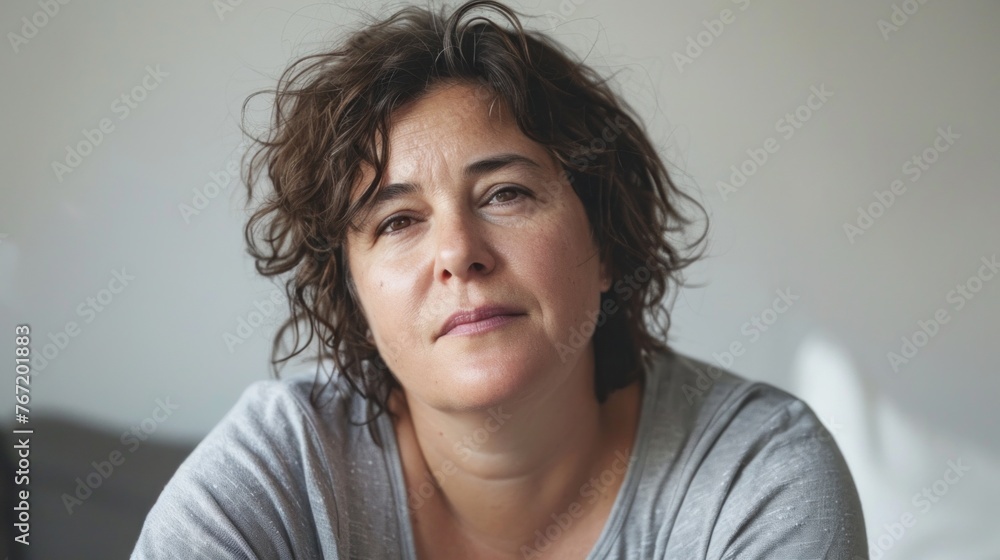 Woman with curly hair looking thoughtful wearing a gray top sitting in a room with a blurred background. Woman with curly hair looking thoughtful wearing a gray top sitting in a room with a blurred background.