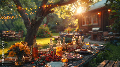 Setup of a table for a backyard celebration outdoors with food and plates