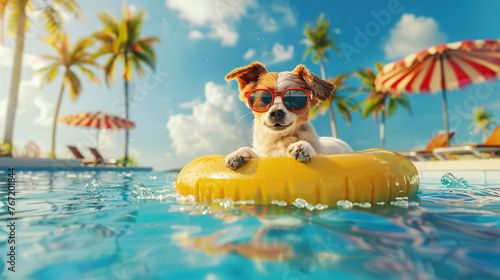dog wearing sunglasses on a float swimming in the pool © Wijaya