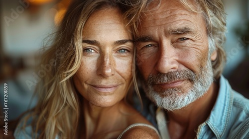 A close-up of a man and woman both with graying hair sharing a tender moment with their faces close together their eyes meeting the camera with a gentle and affectionate expression. photo