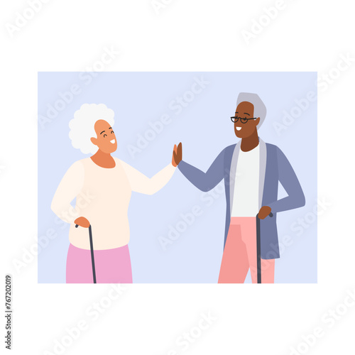 Grandparents with walking stick give high five, happy grandmother and grandfather vector illustration