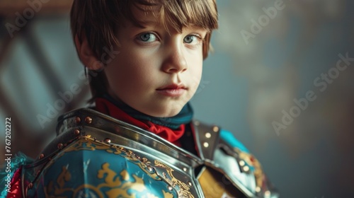 Young boy with blue eyes and brown hair wearing detailed armor with gold accents set against a blurred background.