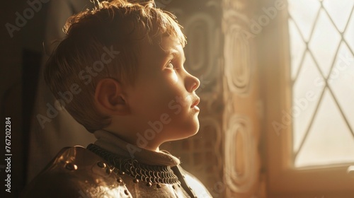 A young boy with blonde hair wearing a chainmail-like garment gazing out of a window with a thoughtful expression.