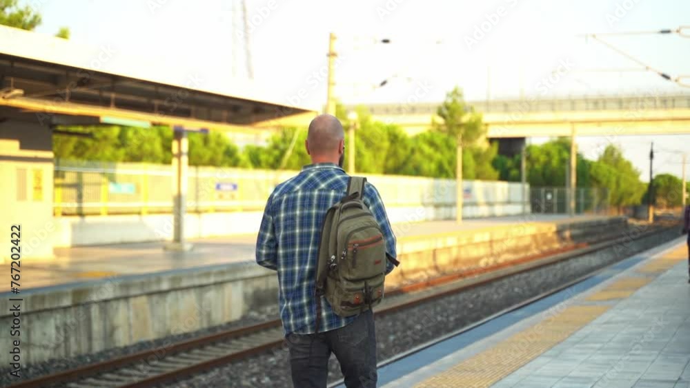 City dweller with a backpack walking along metro train on the platform. An adult heading to work, using a cellphone on public transport. Urban life in the morning as a citizen relies on the subway City dweller with a backpack walking along metro train on the platform. An adult heading to work, using a cellphone on public transport. Urban life in the morning as a citizen relies on the subway