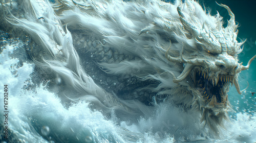 A white dragon is swimming in the ocean with its mouth open. The water is choppy and the dragon is surrounded by foam. Scene is intense and powerful photo
