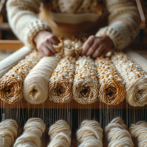 Close-up of fabric weaving on a loom photo