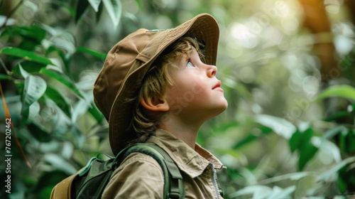 Young boy in hat and backpack looking up at the sky surrounded by lush greenery.
