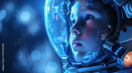 Young child with a dreamy expression wearing a futuristic astronaut helmet gazing into the distance with a sense of wonder and curiosity. photo