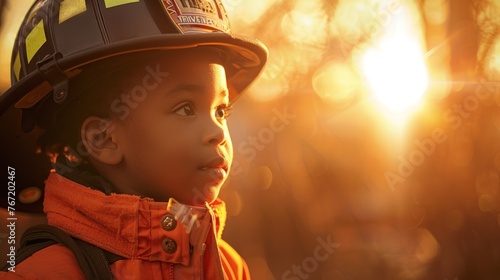 A young child wearing a firefighter's helmet and jacket gazing into the bright sunlight with a thoughtful expression.