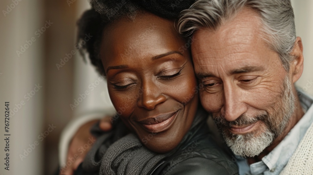 A loving couple embracing each other with smiles on their faces sharing a tender moment. A loving couple embracing each other with smiles on their faces sharing a tender moment.