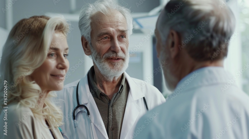 Three people in a medical setting two doctors and a patient engaged in a conversation. Three people in a medical setting two doctors and a patient engaged in a conversation.