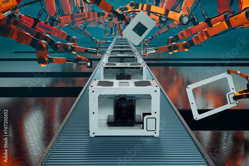Advanced Robotic Arms in Action on a High-Tech Electronics Assembly Line