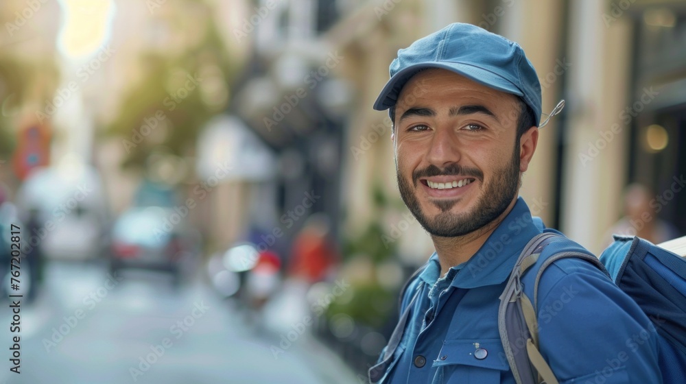 Smiling man in blue cap and jacket standing on city street with blurred background exuding friendly demeanor. Smiling man in blue cap and jacket standing on city street with blurred background exuding friendly demeanor.