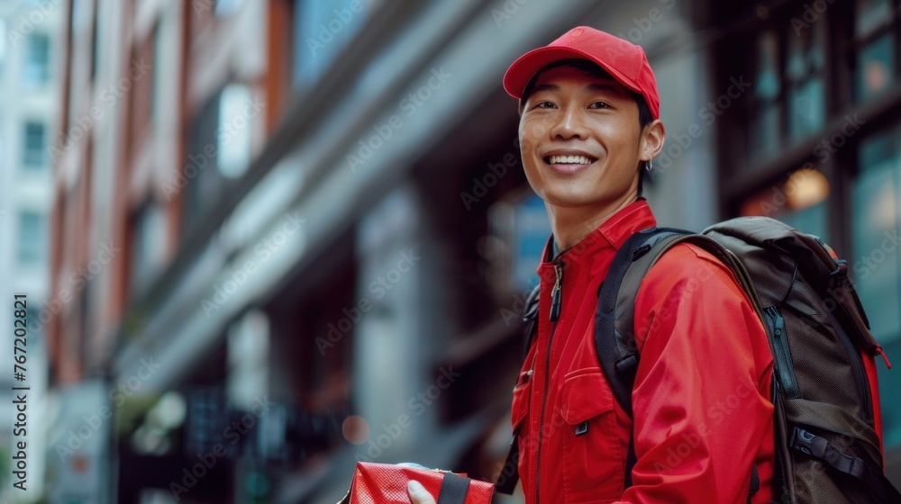 A young man in a red jacket and cap smiling with a backpack standing on a city street. A young man in a red jacket and cap smiling with a backpack standing on a city street.