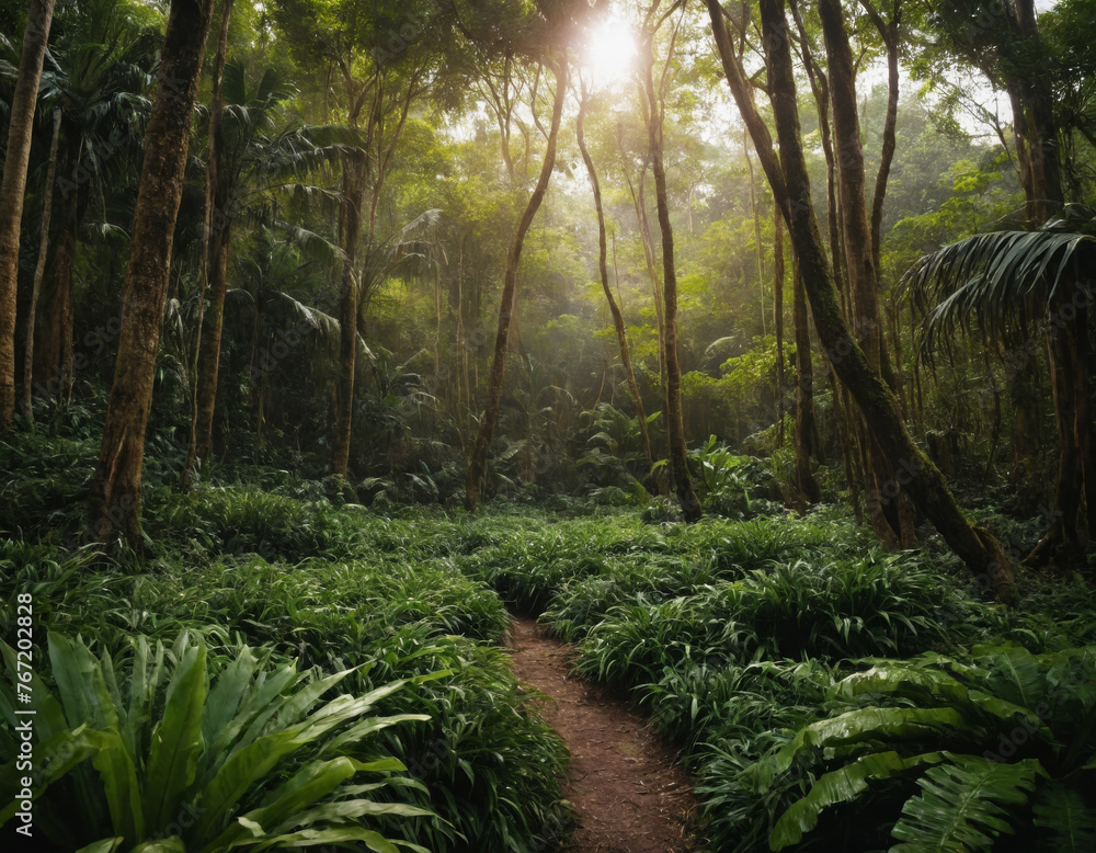 Obraz premium Lush Green Path in Tranquil Tropical Jungle