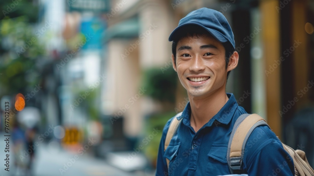 Young man with a smile wearing a blue cap and shirt carrying a backpack standing on a city street with blurred background.