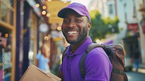 Smiling man in purple shirt and cap carrying a brown backpack and a cardboard box walking down a lively street with shops and lights.