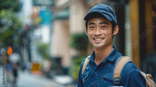 Young man with a smile wearing a blue cap and shirt carrying a backpack standing on a city street with blurred background. © iuricazac
