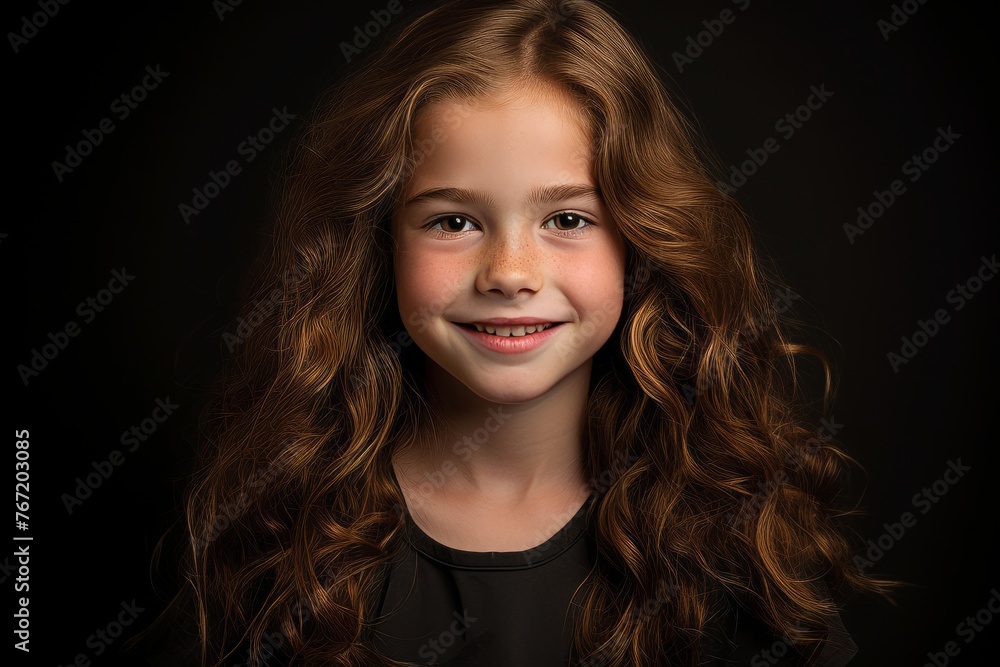 Portrait of a cute little girl with long curly hair on a black background. Portrait of a cute little girl with long curly hair on a black background.