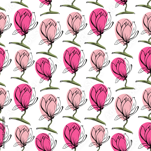 Seamless pattern with spring and summer flowers. Sketch-style magnolia pattern, hand-drawn on white background for unique design of packaging and flower shops.
