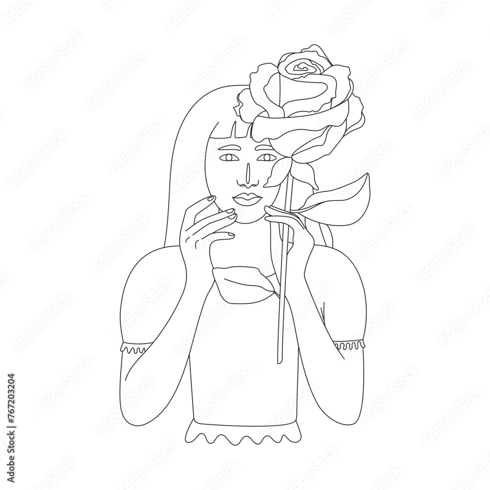 Abstract line minimalistic woman face art. Beautiful girl portrait with rose flower. Blossom. Elegant linear illustration. Vector for prints, tattoos, posters, textile, cards etc.