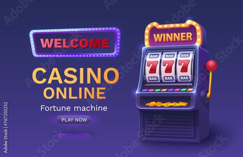 Casino 777 banner slots machine winner, jackpot fortune of luck. Vector illustration