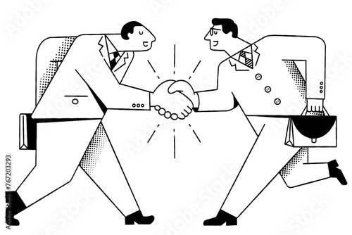 Two businessmen doing shaking hands in agreement. Vector illustration doodle, cute character, hand drawn sketch, black and white ink style.