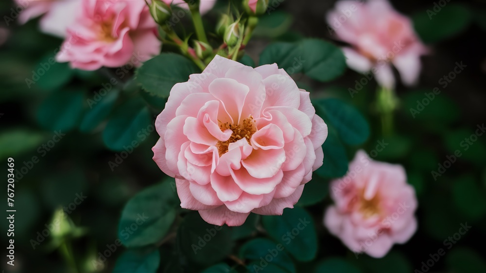 Rose blooming in summer garden, pink flowers blossoming outdoors Rose blooming in summer garden, pink flowers blossoming outdoors