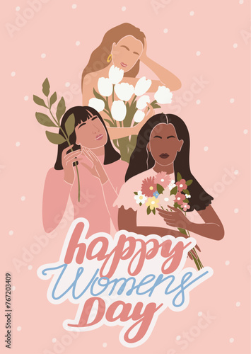 International Women's Day greeting card. Abstract woman portrait different nationalities with flowers. Girl power, struggle for equality, feminism, sisterhood concept. Vector illustration.