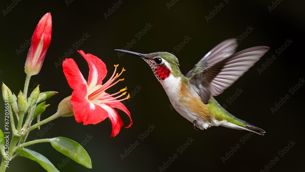Naklejka premium Ruby throated hummingbird in flight near flower on dark background