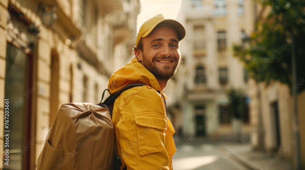 Smiling man in yellow jacket and cap carrying a brown backpack standing on a city street with buildings in the background.
