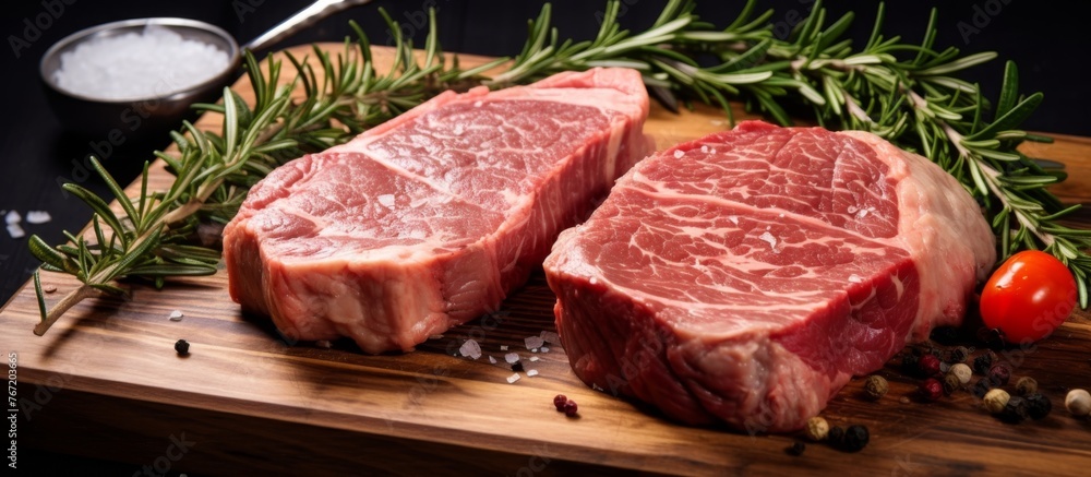 Two raw steaks made from beef, an animal product, are resting on a wooden cutting board, ready to be used as an ingredient in a delicious cuisine recipe or dish for a cooking event Two raw steaks made from beef, an animal product, are resting on a wooden cutting board, ready to be used as an ingredient in a delicious cuisine recipe or dish for a cooking event