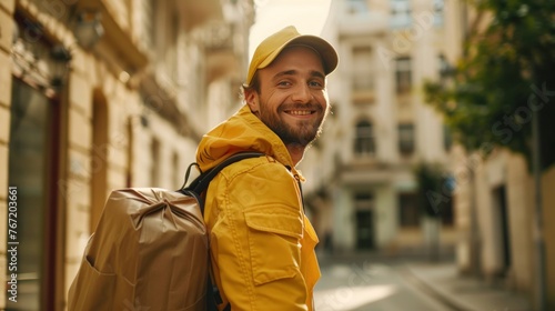 Smiling man in yellow jacket and cap carrying a brown backpack standing on a city street with buildings in the background. © iuricazac