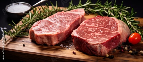 Two raw steaks made from beef, an animal product, are resting on a wooden cutting board, ready to be used as an ingredient in a delicious cuisine recipe or dish for a cooking event