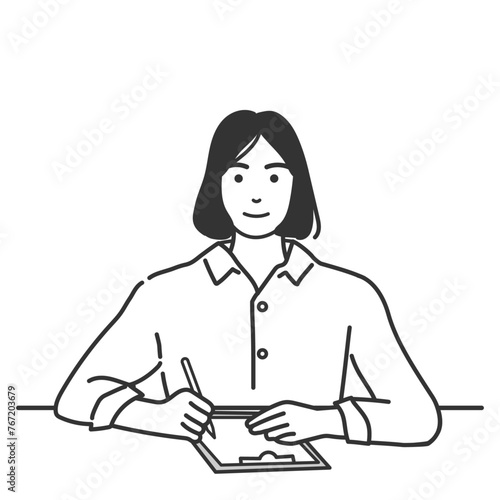 書類に書き込むシンプルな女性のイラスト　モノクロ、白黒、ベクター素材、背景なし