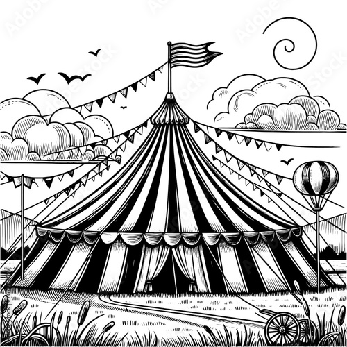 Vintage circus tent in field among nature. Vector, generative ai. Coloring book adults and children