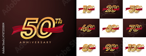 Obraz na płótnie Set of anniversary logotype and red ribbon. Golden anniversary celebration emblem design for booklet, leaflet, magazine, brochure poster, web, invitation or greeting card. Vector illustration. w salonie