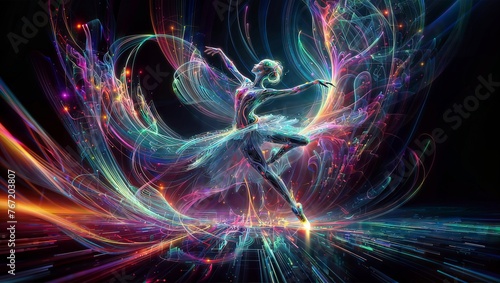 A surreal digital illustration depicting a graceful ethereal figure in motion, surrounded by swirling energy tendrils and intricate geometric patterns, evoking a sense of cosmic dance, spirituality.