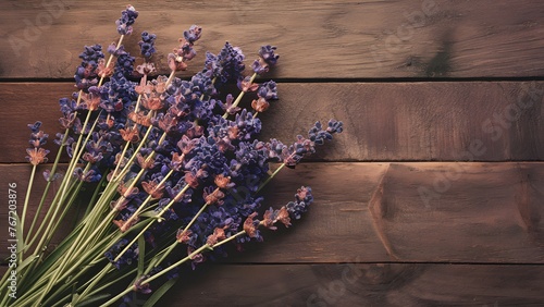 Rustic charm abounds with lavender flowers against wooden background