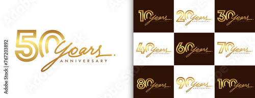 Set of anniversary logotype design with handwriting golden color for celebration event, wedding, greeting card, and invitation. Vector illustration.