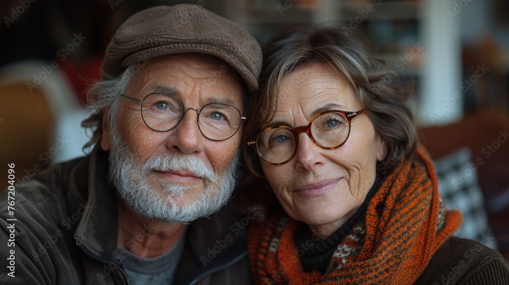 An elderly couple with glasses smiling and looking at the camera wearing warm clothing suggesting a cozy indoor setting. An elderly couple with glasses smiling and looking at the camera wearing warm clothing suggesting a cozy indoor setting.