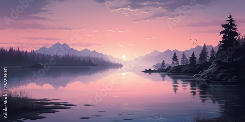 A tranquil sunset over a serene lake, with hues of pastel pink melting into deep indigo. © Kanwal