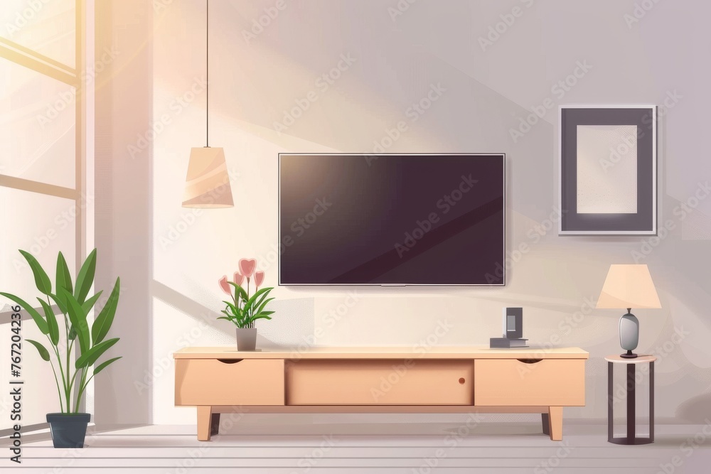 Modern Living Room Interior with TV Cabinet, Lamp, Table, Flower, and Plant, Mock-Up Design Illustration Modern Living Room Interior with TV Cabinet, Lamp, Table, Flower, and Plant, Mock-Up Design Illustration