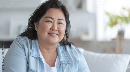 A woman with a warm smile wearing a light blue denim jacket sitting comfortably in a cozy blurred indoor setting.