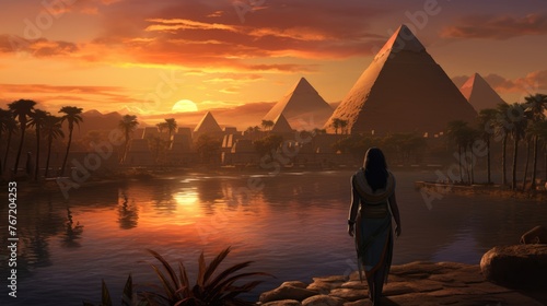 Landscape with ancient Egyptian pyramids, beautiful sky and sunset. The concept of ancient history. AI-generated.