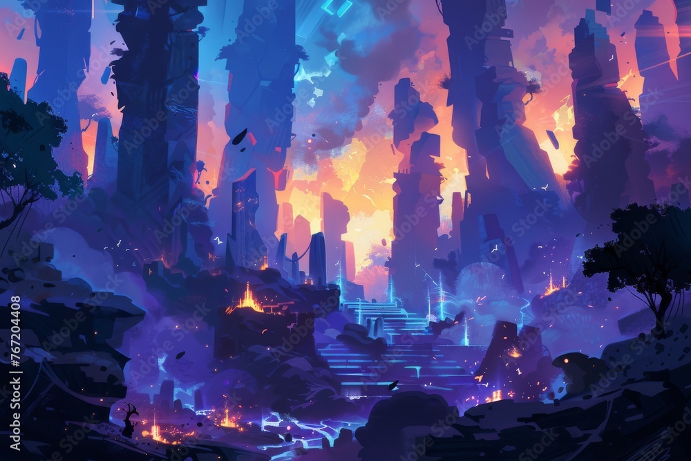 Mystical landscape with ancient ruins and glowing magical elements, fantasy concept art illustration