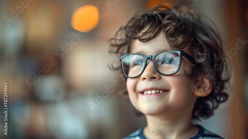 A young child with curly hair wearing glasses smiling and looking up with a blurred background suggesting an indoor setting.