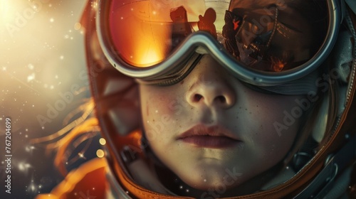 A young girl with freckles wearing a helmet with reflective goggles looking forward with a focused expression.