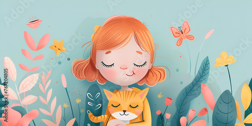 Charming illustration of a young girl and her cat surrounded by whimsical flora