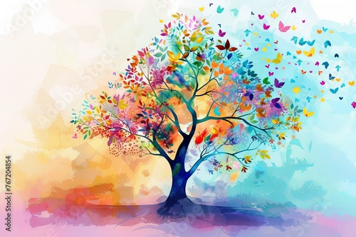 Colorful tree with leaves on hanging branches illustration background. 3d abstraction wallpaper . Floral tree with multicolor leaves © Ariful
